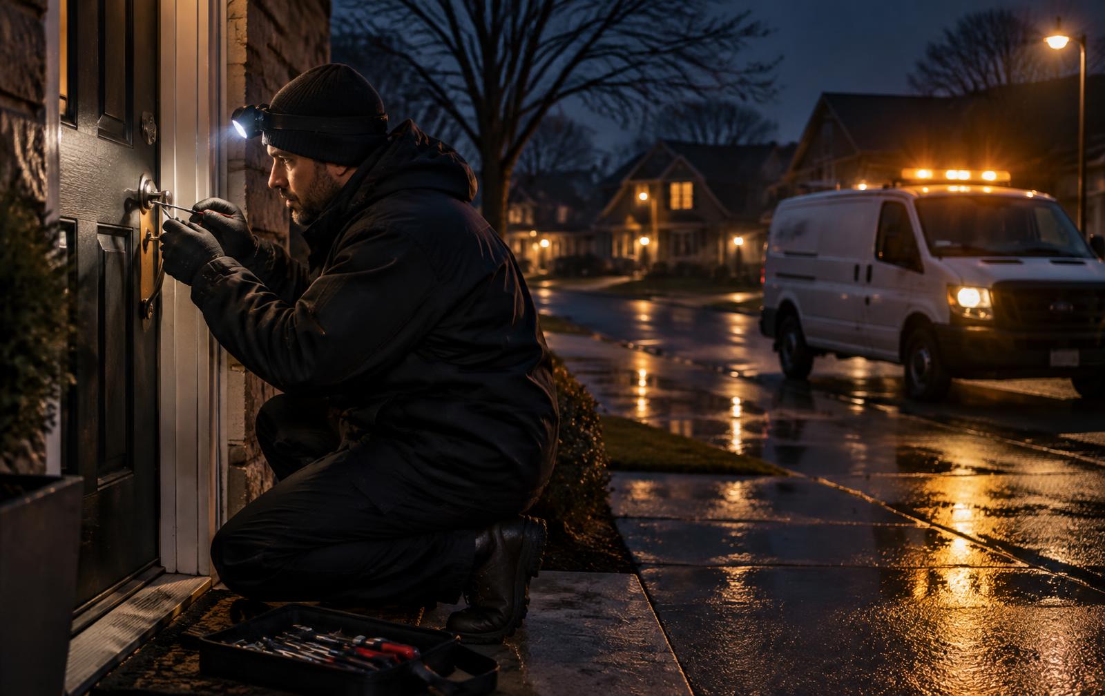 Lockmark locksmith opening a residential front door at night with a mobile service van at the curb